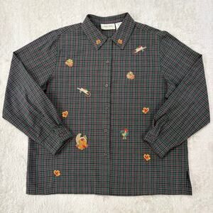 Lemon Grass Womens XL Green Plaid Fall Harvest Embroidered Button Up Shirt